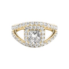 GIA 1.21ct Princess Halo Split Shank Double Band 18K Yellow Gold Diamond Ring