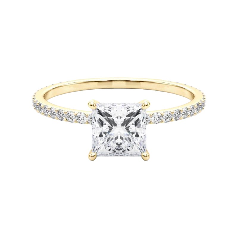 GIA 1,21ct Anello di diamanti in oro giallo 18 carati con aureola nascosta, quadrato e principessa