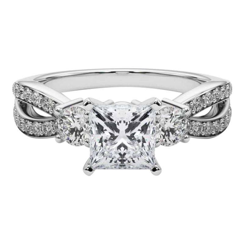 GIA 1,21ct Anello con diamanti a tre pietre Princess Split Shank Pave in oro bianco 18 carati