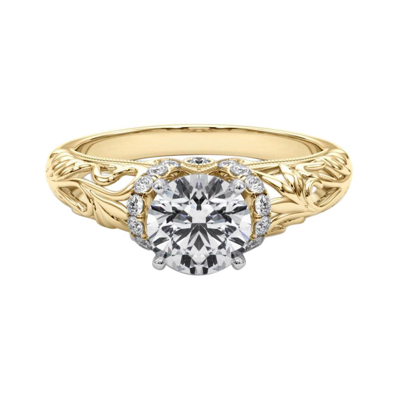 GIA 1,21ct Anello con diamante rotondo Chevron Halo Floral Filigree in oro giallo 18K