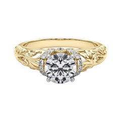 GIA 1,21ct Anello con diamante rotondo Chevron Halo Floral Filigree in oro giallo 18K