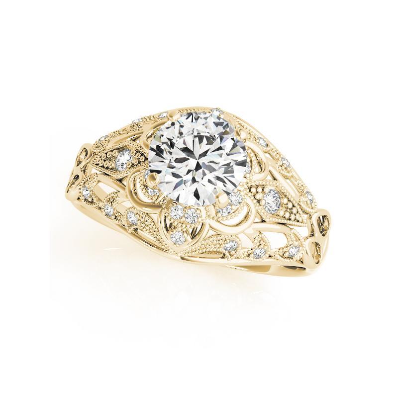 Taglio rotondo GIA 1,21ct Anello con diamante rotondo aureolato in filigrana e affusolato in oro giallo 18K in vendita
