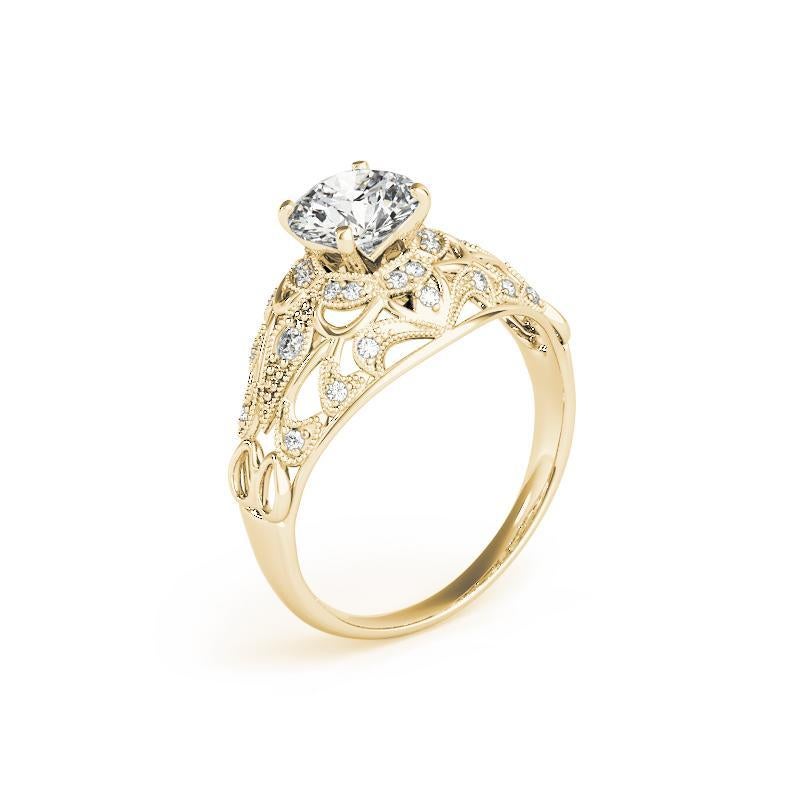 Donna GIA 1,21ct Anello con diamante rotondo aureolato in filigrana e affusolato in oro giallo 18K in vendita
