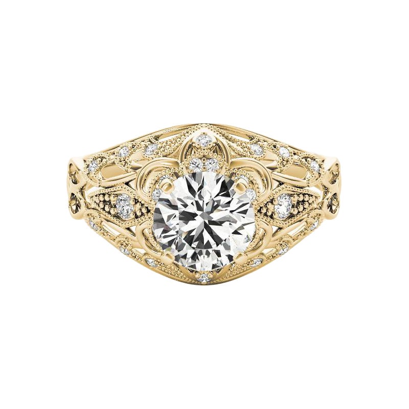 GIA 1,21ct Anello con diamante rotondo aureolato in filigrana e affusolato in oro giallo 18K