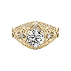 GIA 1,21ct Anello con diamante rotondo aureolato in filigrana e affusolato in oro giallo 18K