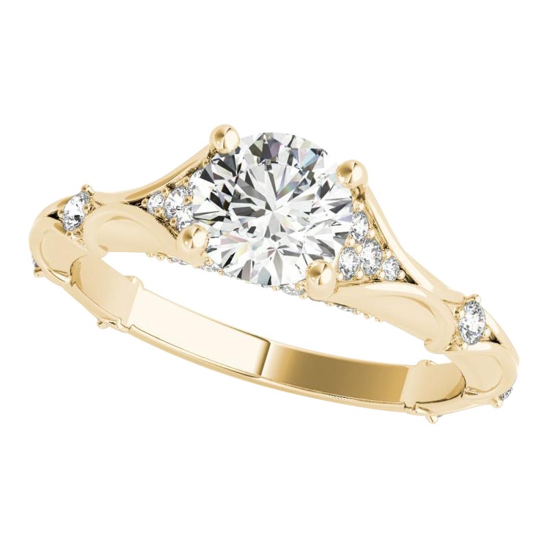 GIA 1.21ct Anillo de Diamantes de Oro Amarillo Vintage con Solitario Redondo y Pavé Oculto