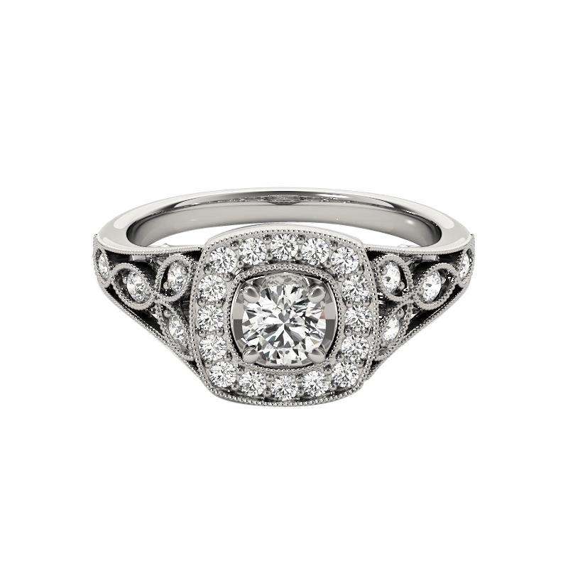 GIA 1,21ct Anello con diamante rotondo quadrato a raggiera Vintage Leaf