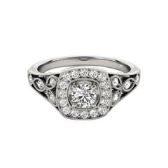 GIA 1.21ct Round Square Halo Milgrain Vintage Leaf Diamond Ring