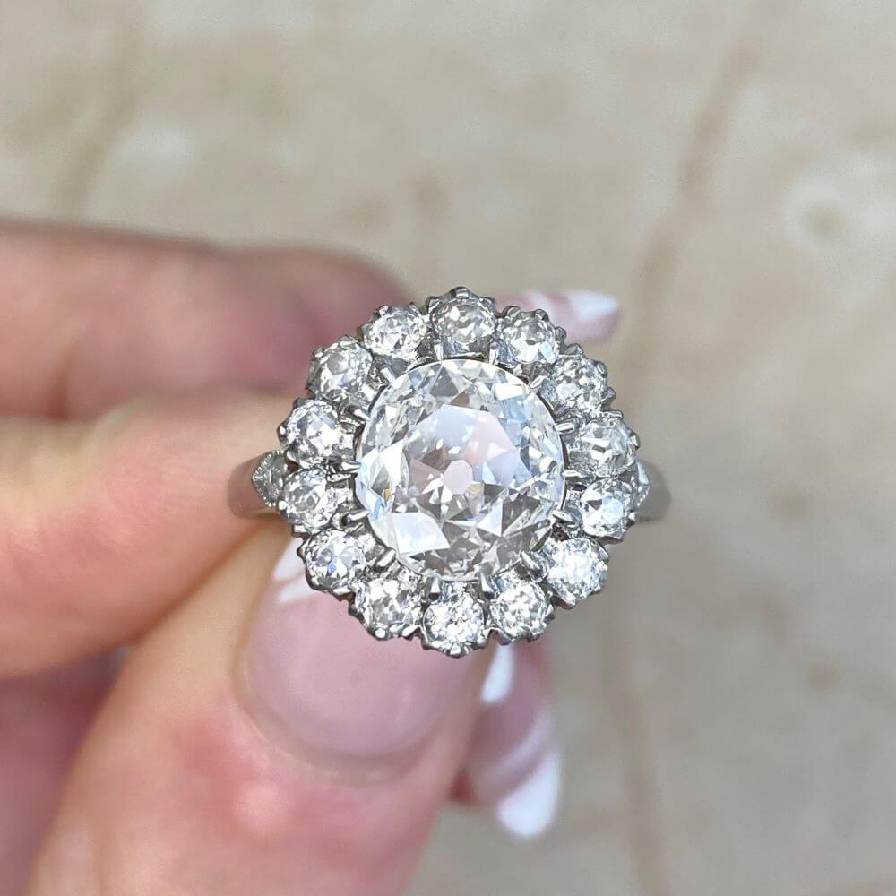 GIA 1.22ct Old Mine Cut Diamond Engagement Ring, F Color, Diamond Halo, Platinum 4