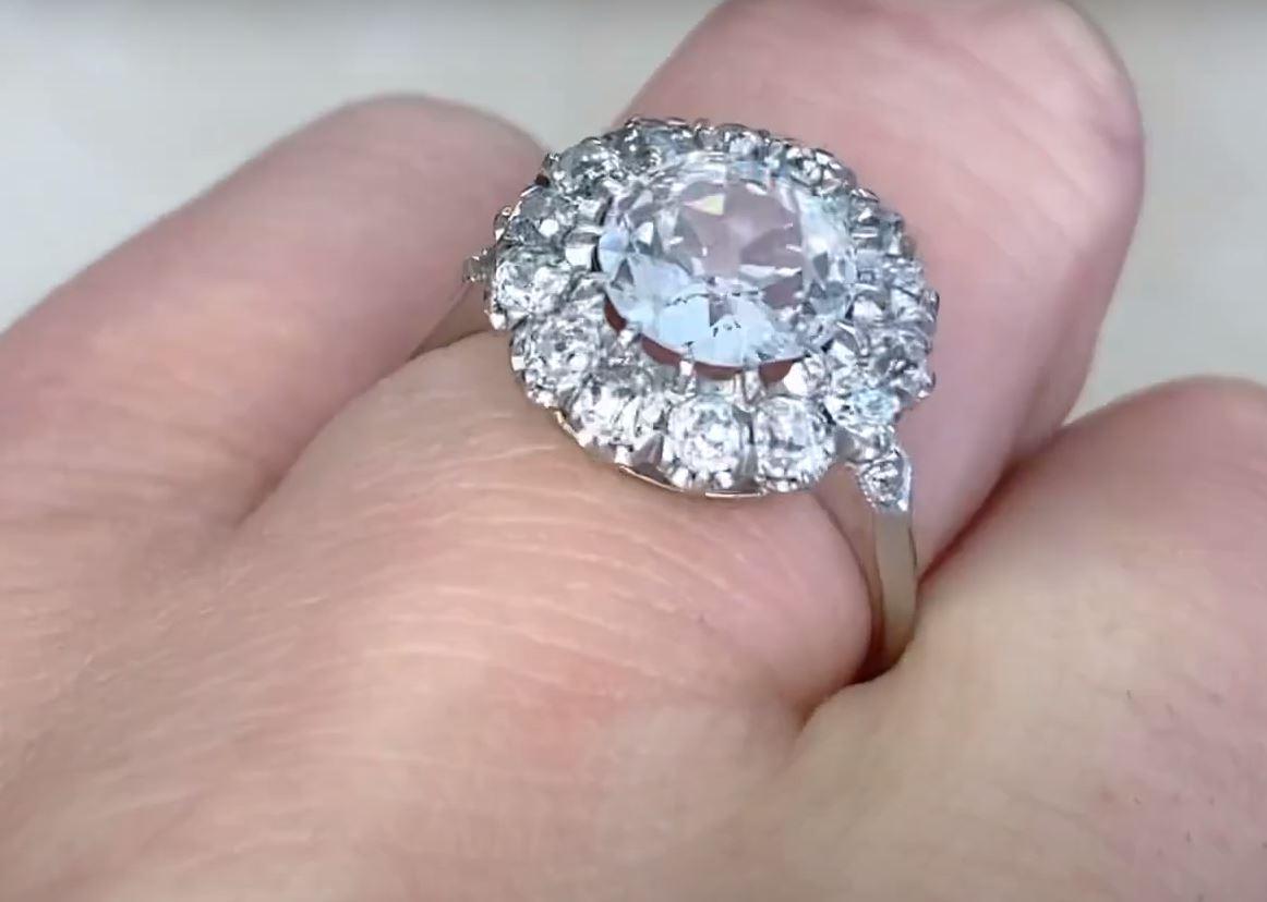 Women's GIA 1.22ct Old Mine Cut Diamond Engagement Ring, F Color, Diamond Halo, Platinum