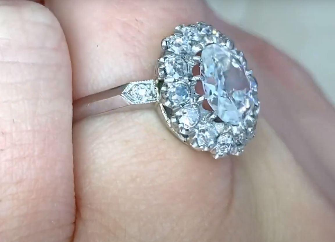 GIA 1.22ct Old Mine Cut Diamond Engagement Ring, F Color, Diamond Halo, Platinum In Excellent Condition For Sale In New York, NY