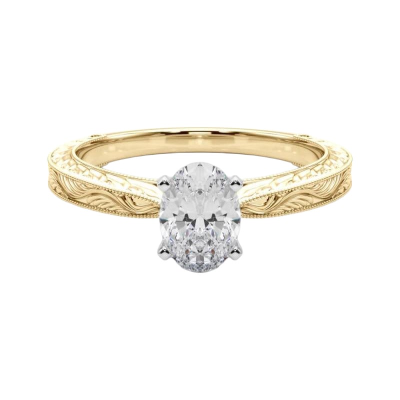 GIA Anello con diamante ovale classico solitario antico inciso in oro giallo da 1.22 carati