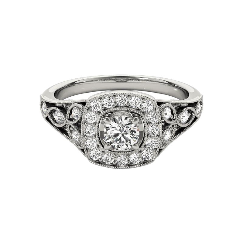 GIA 1,22ct Anello con diamante rotondo quadrato a raggiera in oro bianco Vintage Leaf