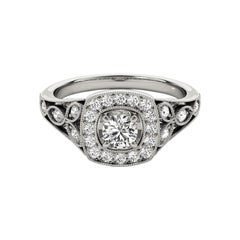 GIA 1.22ct Round Square Halo Milgrain Vintage Leaf White Gold Diamond Ring