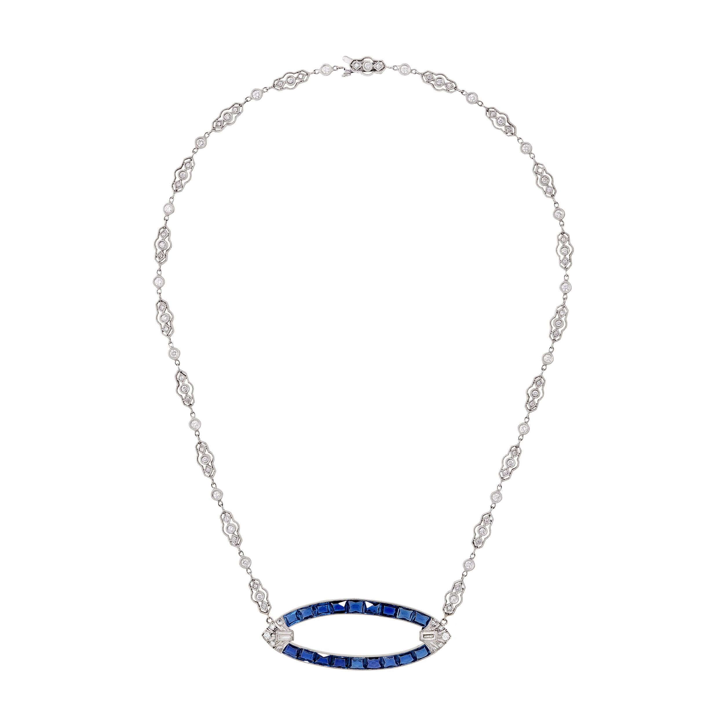 What an incredible necklace holding the most desirable Montana Sapphires from the Yogo Gulch mine.  Montana Sapphires are already a prized and rare material.  The Yogo Gulch mine produced the best color and quality sapphires of them all, making this