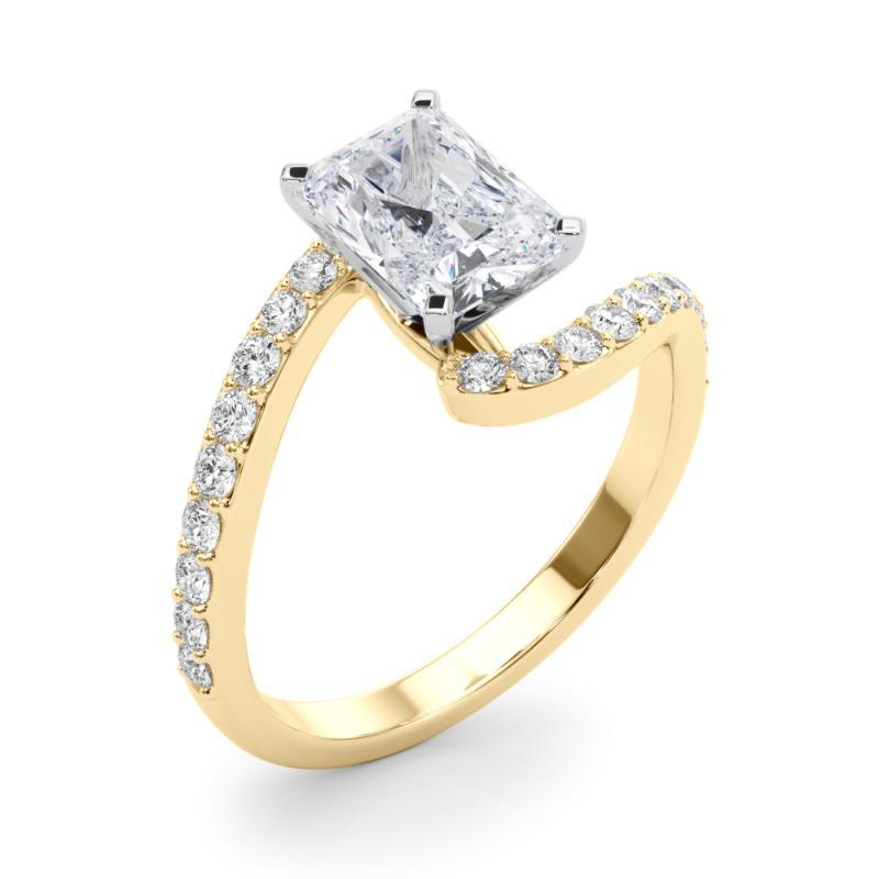Women's GIA 1.23 Carat Radiant Curved Bypass Pave Shank 18K Yellow Gold Diamond Ring For Sale