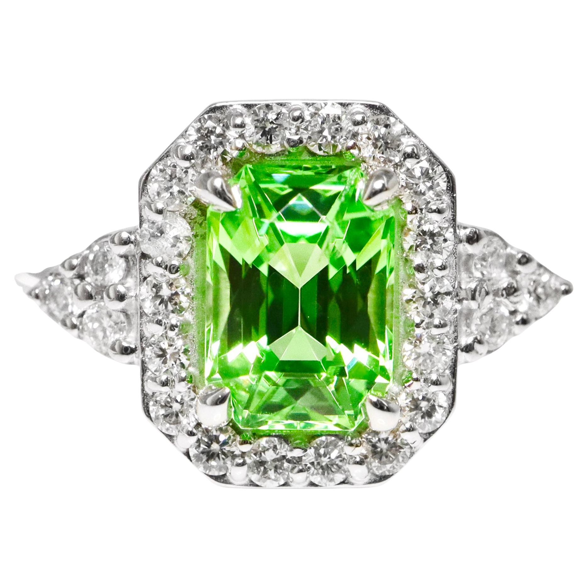 GIA 1.23 ct 14K White Gold Vivid Green Tsavorite Art Deco Engagement Ring