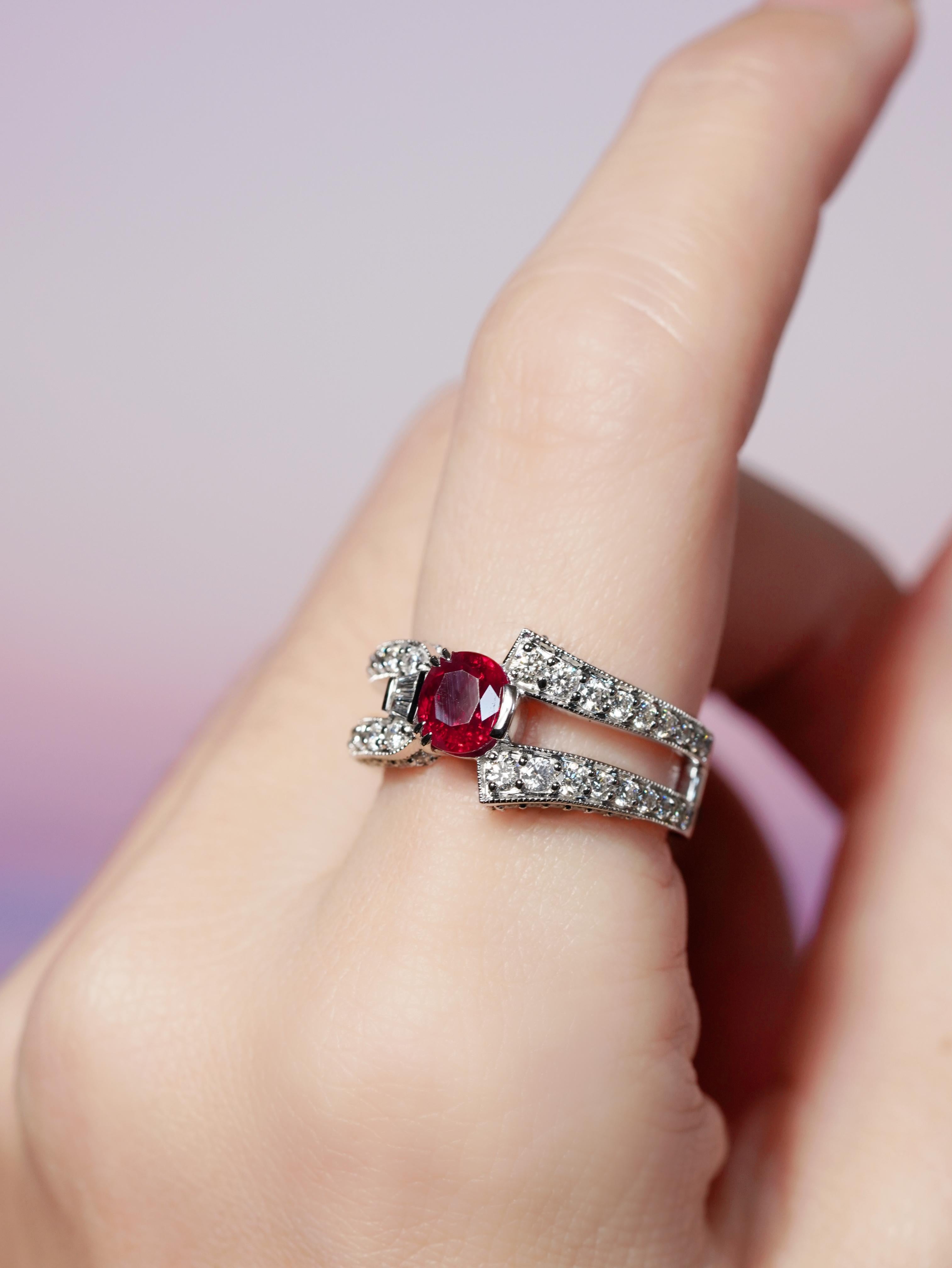 Art Deco GIA 1.24 Ct. Ruby and Diamond Engagement Ring in 18K White Gold For Sale