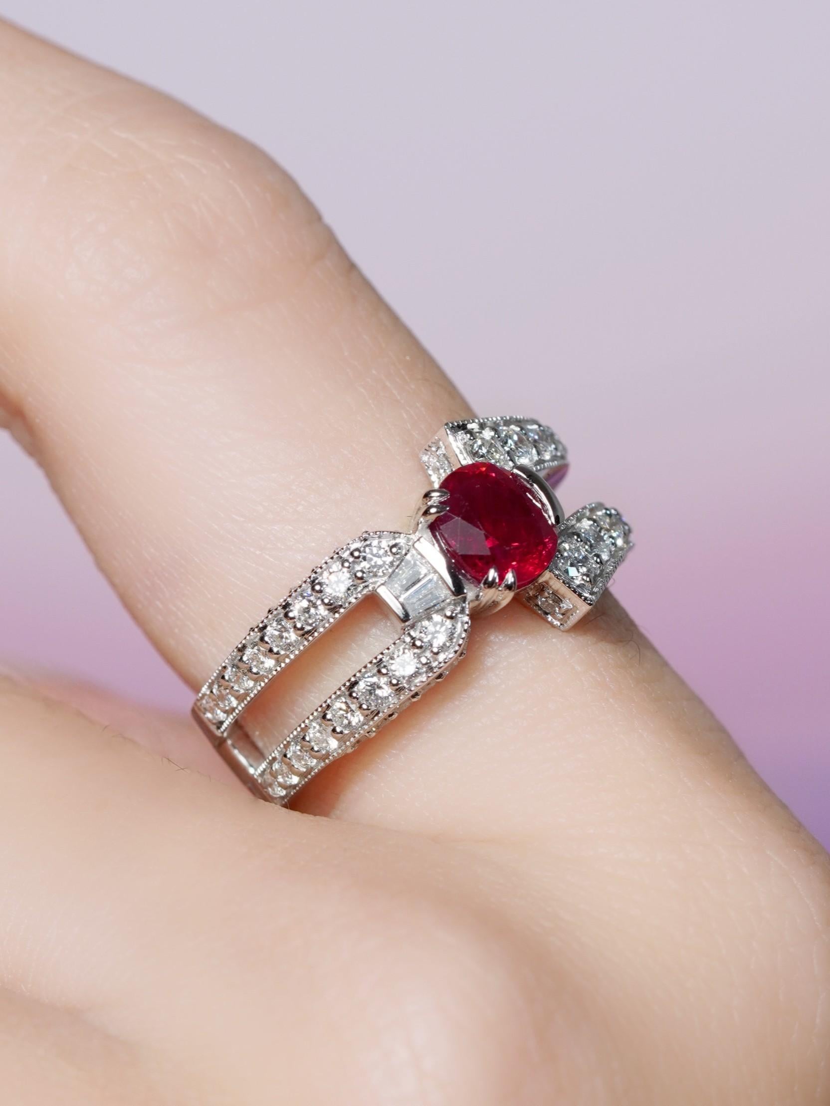 Cushion Cut GIA 1.24 Ct. Ruby and Diamond Engagement Ring in 18K White Gold For Sale