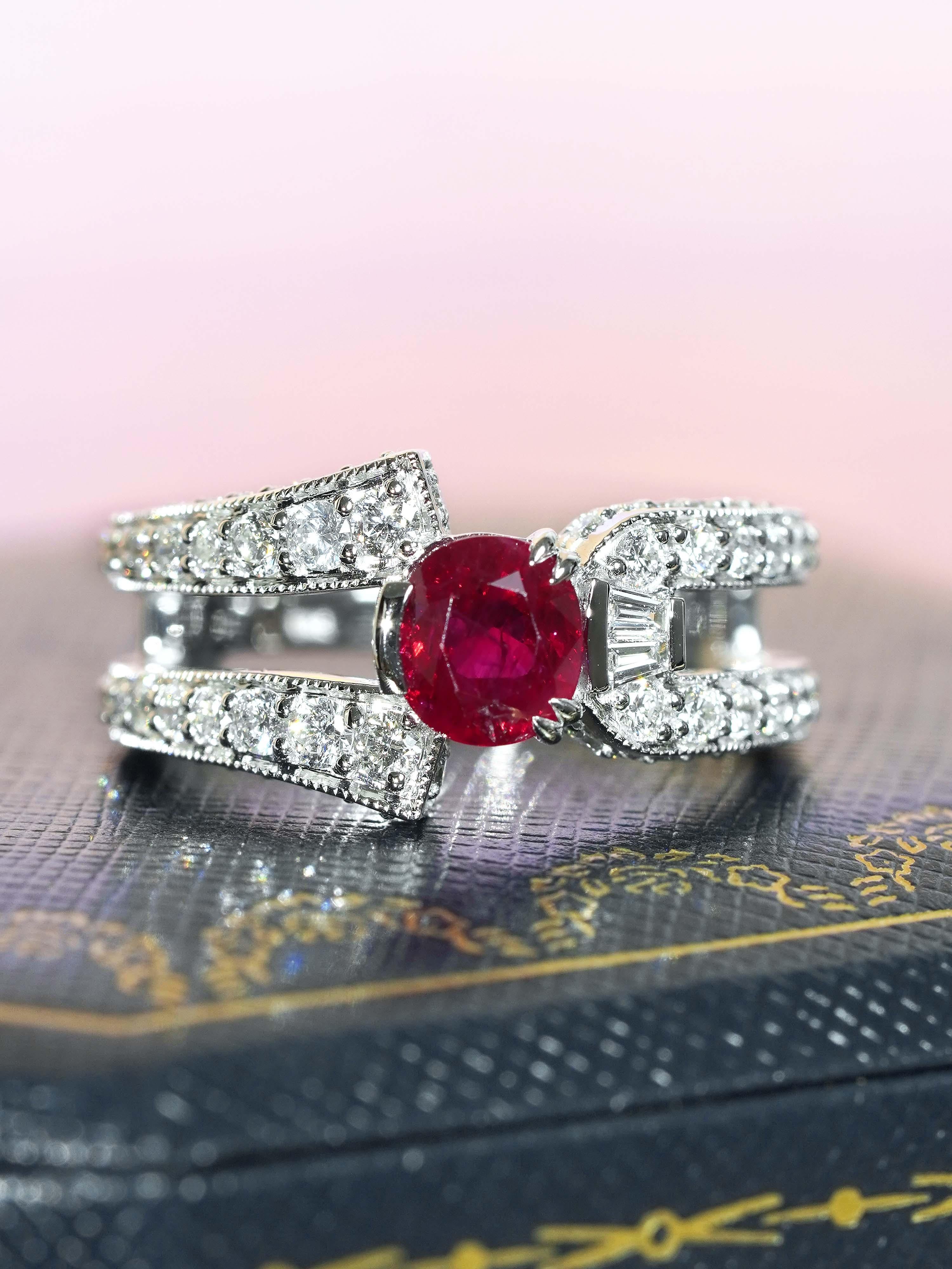 GIA 1.24 Ct. Ruby and Diamond Engagement Ring in 18K White Gold In New Condition For Sale In Bangkok, TH