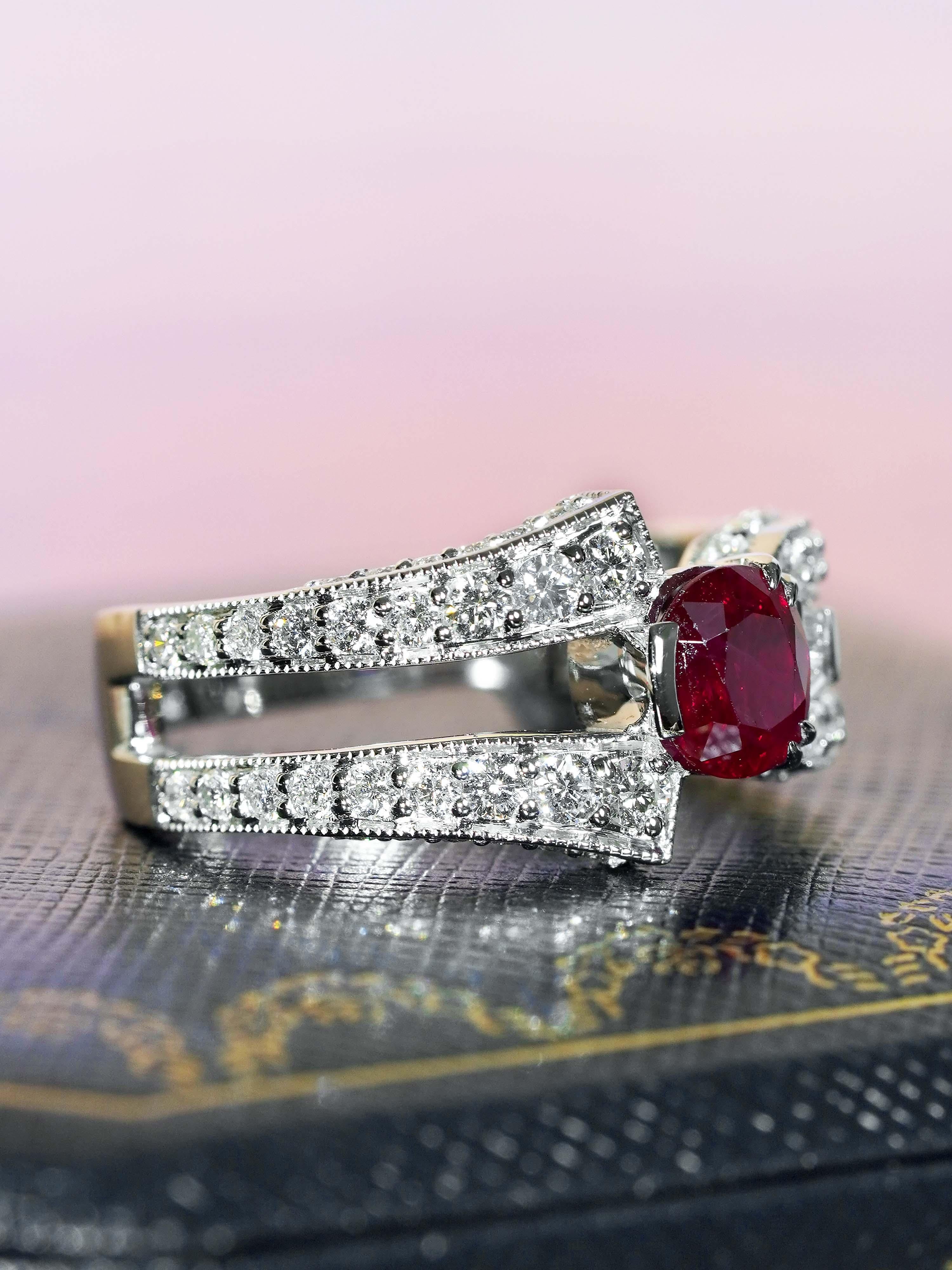 Women's GIA 1.24 Ct. Ruby and Diamond Engagement Ring in 18K White Gold For Sale