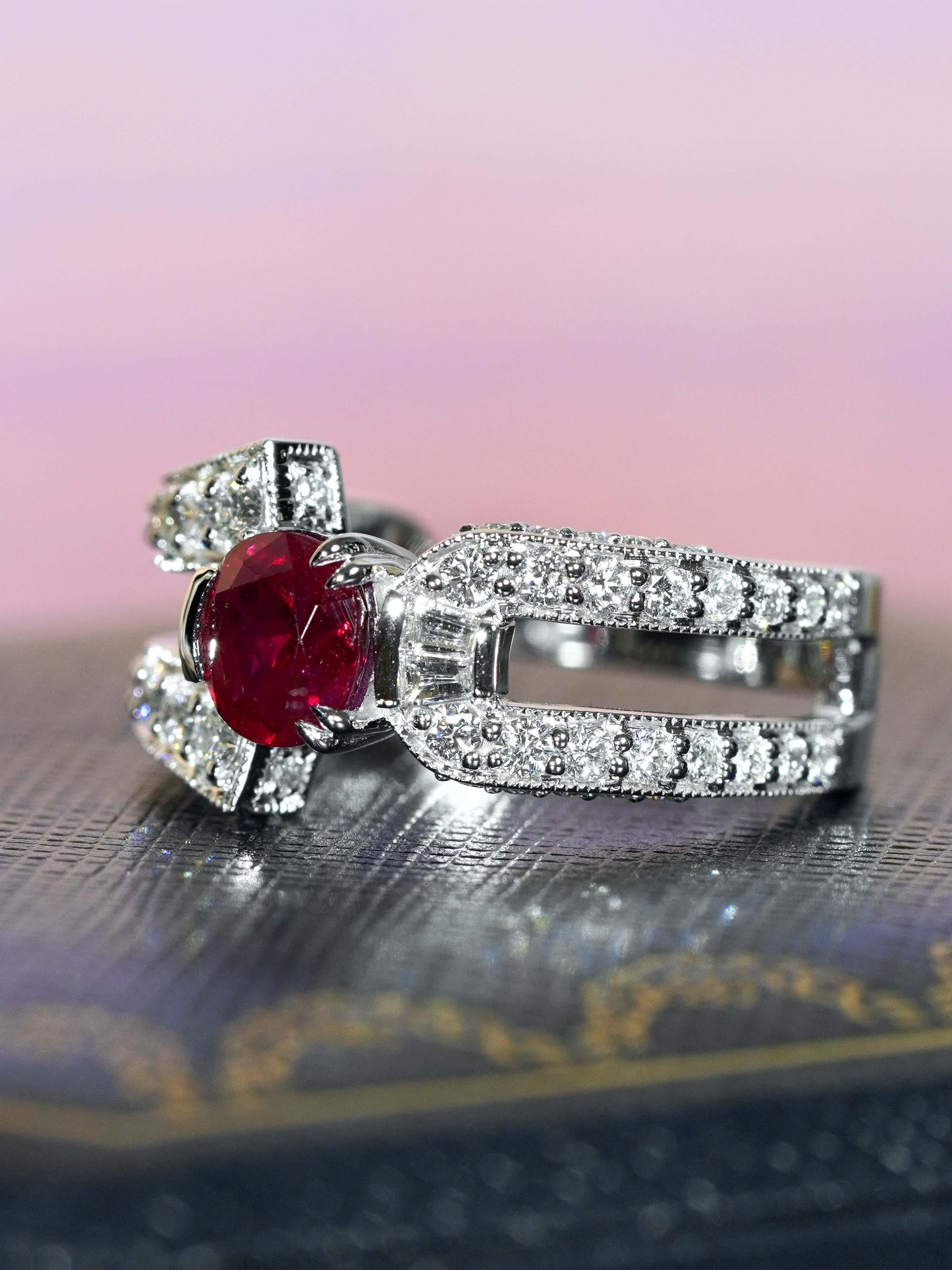 GIA 1.24 Ct. Ruby and Diamond Engagement Ring in 18K White Gold For Sale 1