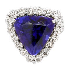 GIA 12.40 Carat Trillion Tanzanite Split Shank Pave Set Ring with Halo