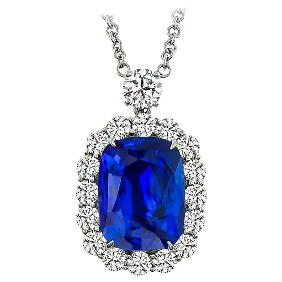 GIA 12.43 Carat Ceylon Sapphire Diamond Platinum Pendant Necklace