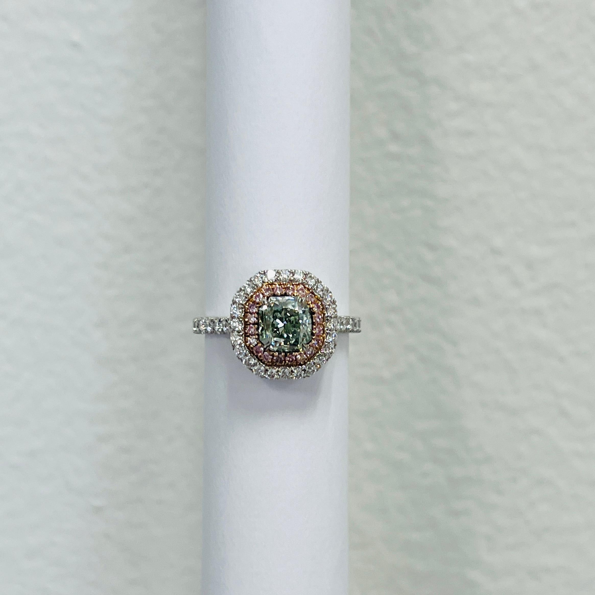 GIA 1,25 Karat gelblich-grüner Diamantring aus 18 Karat Roségold und Platin im Angebot 1