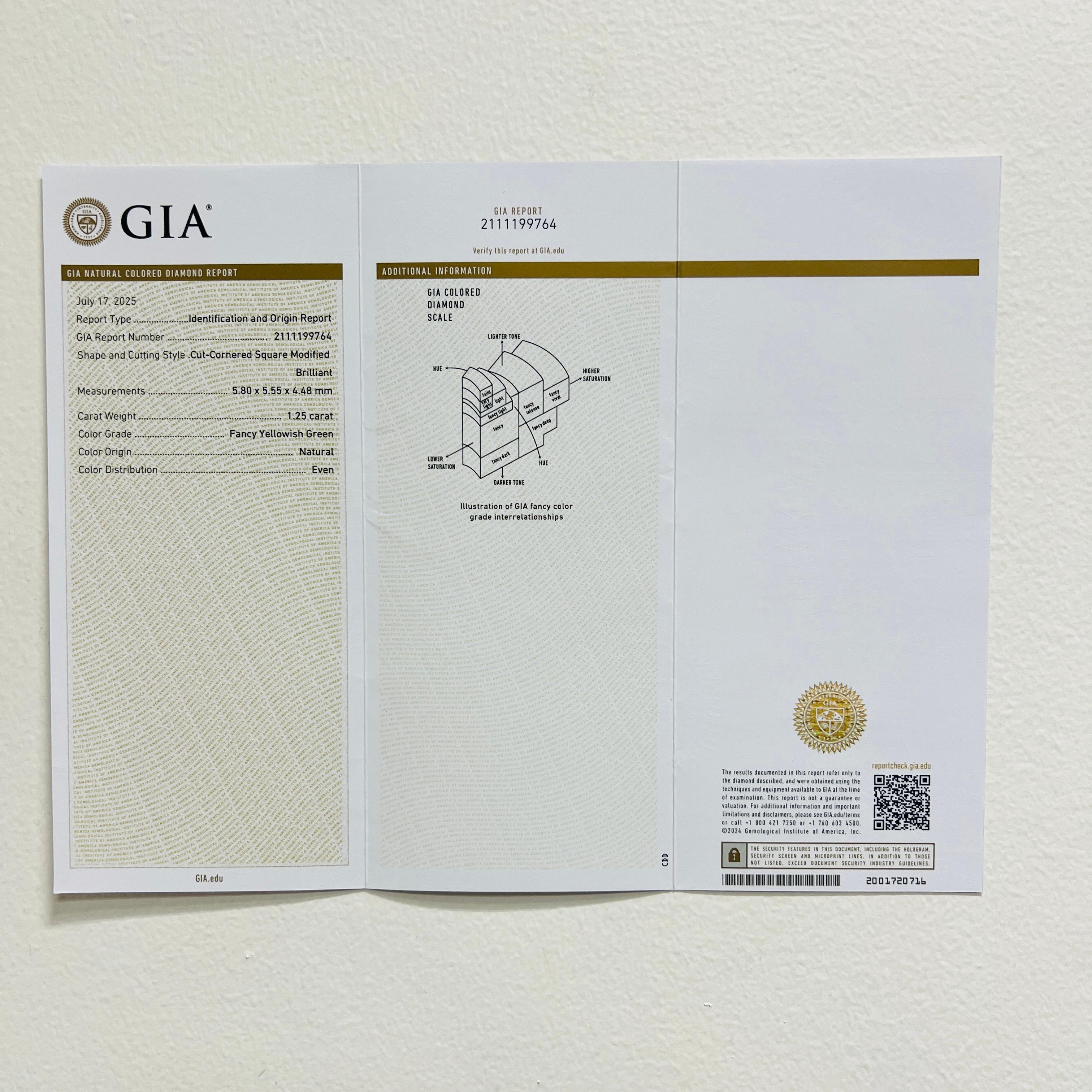 GIA 1,25 Karat gelblich-grüner Diamantring aus 18 Karat Roségold und Platin im Angebot 3