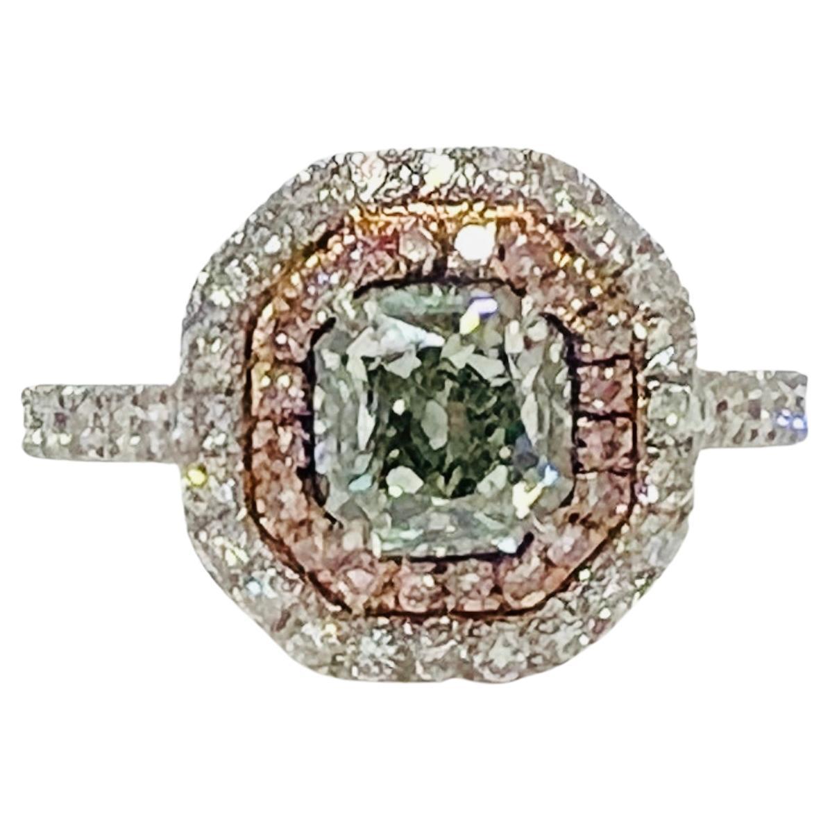 GIA 1,25 Karat gelblich-grüner Diamantring aus 18 Karat Roségold und Platin im Angebot