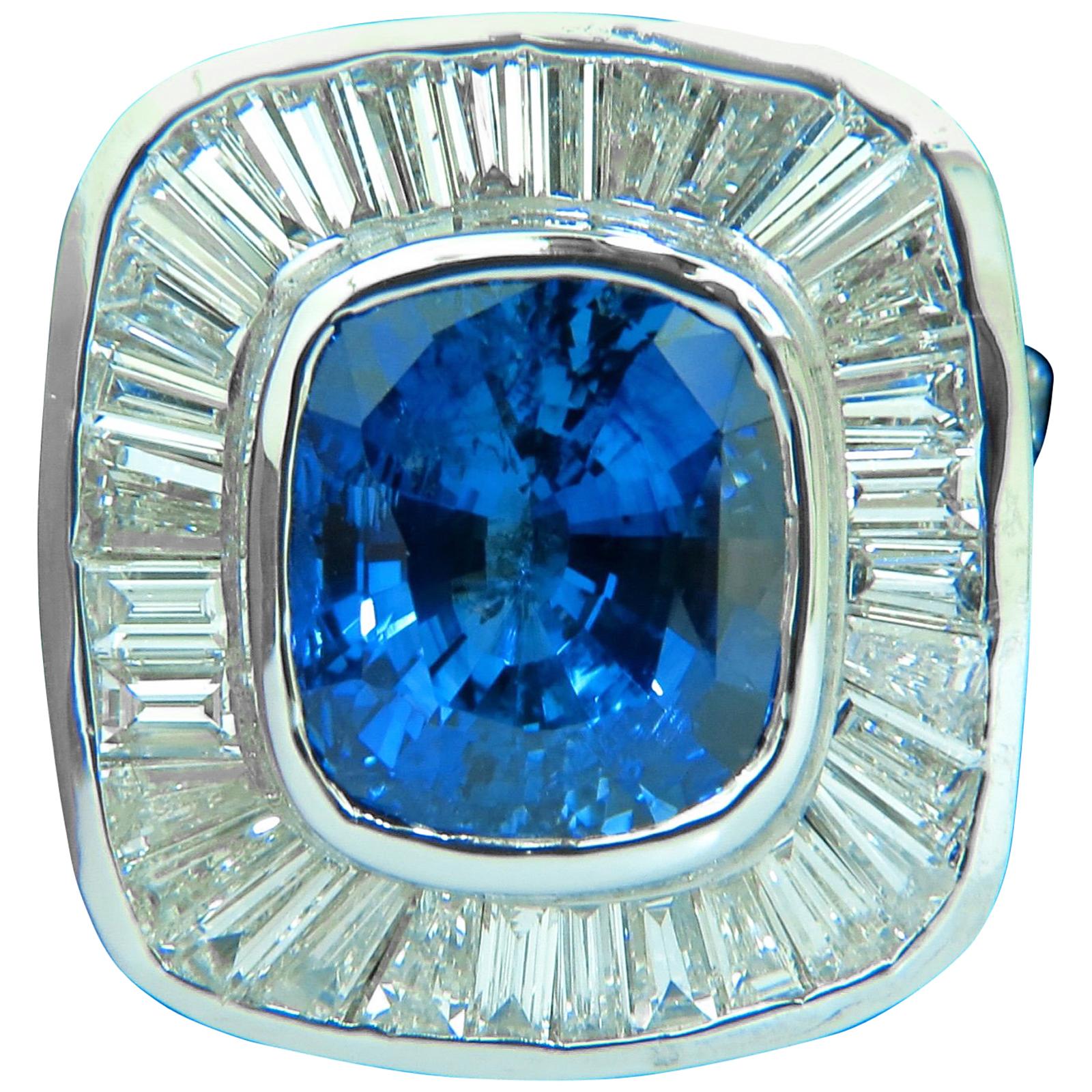 GIA 12.52 Carat 18 Karat Natural Sapphire Diamond Baguette Dec Cluster Ring For Sale