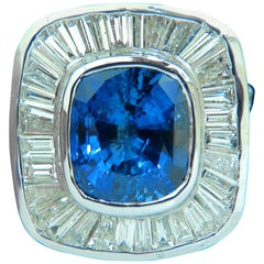 GIA 12.52 Carat 18 Karat Natural Sapphire Diamond Baguette Dec Cluster Ring