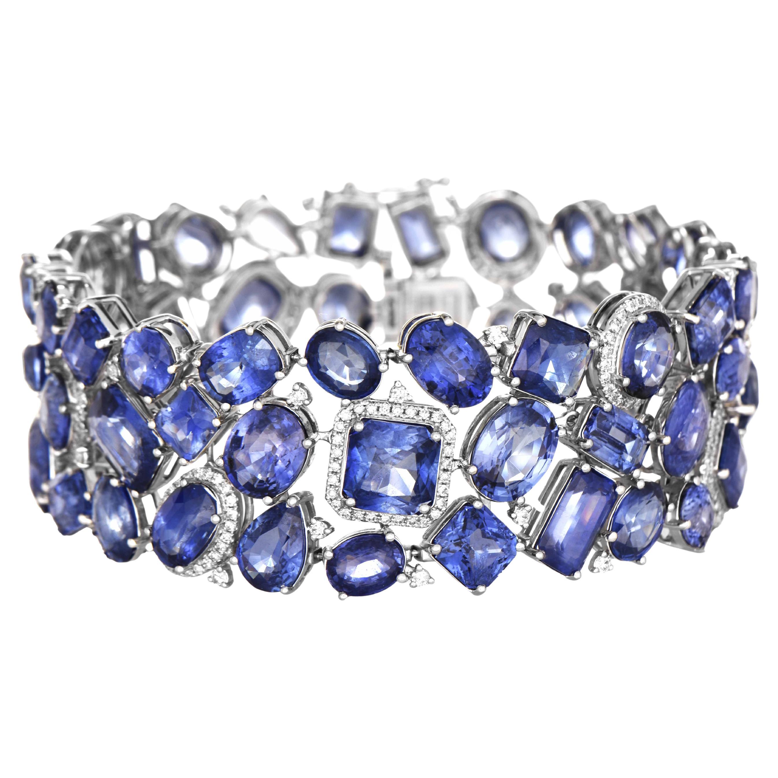 GIA 125.55 Carats Sapphire and Diamond White Gold Bracelet