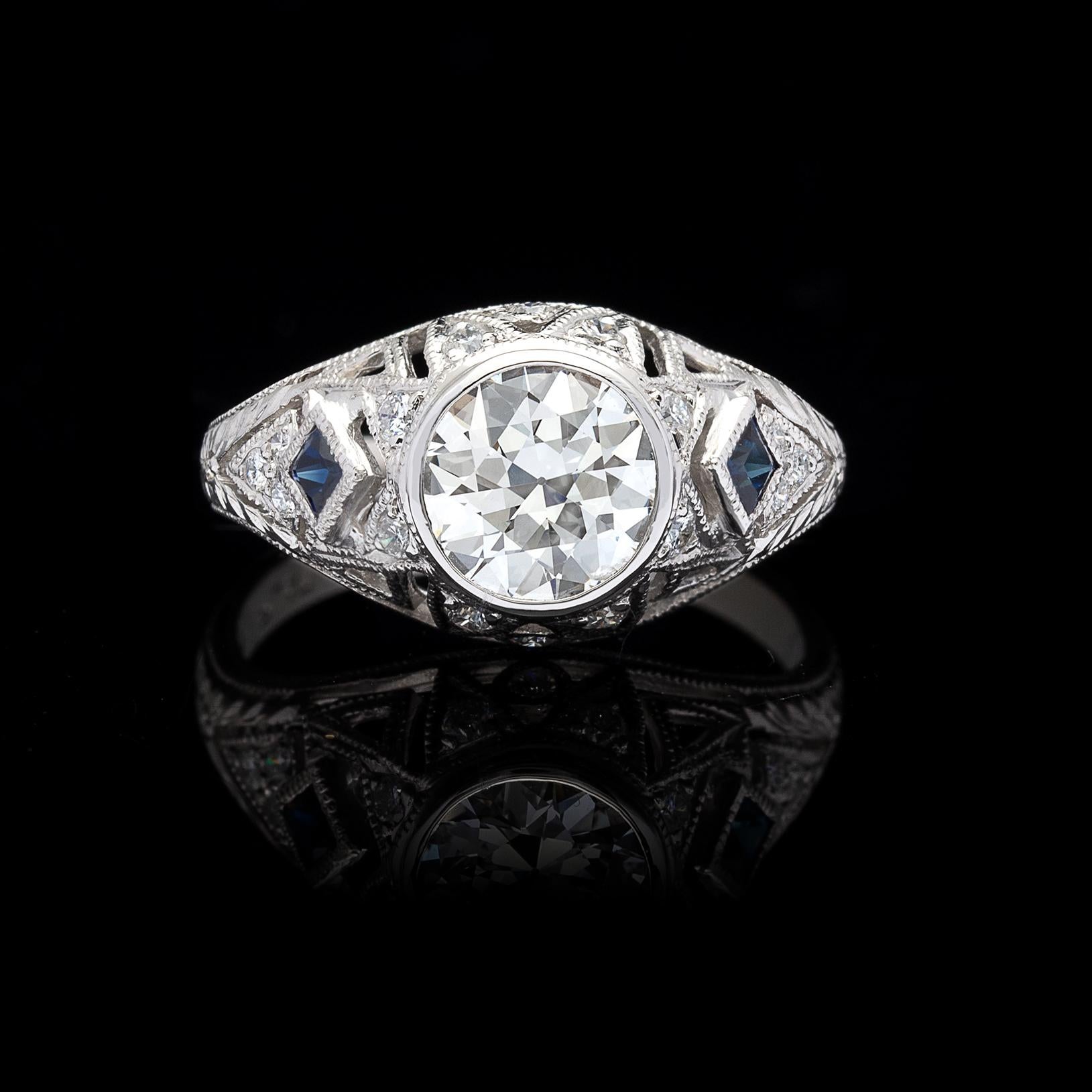 Art Deco GIA 1.25 carat I/SI1 Diamond Sapphire Engagement Ring For Sale