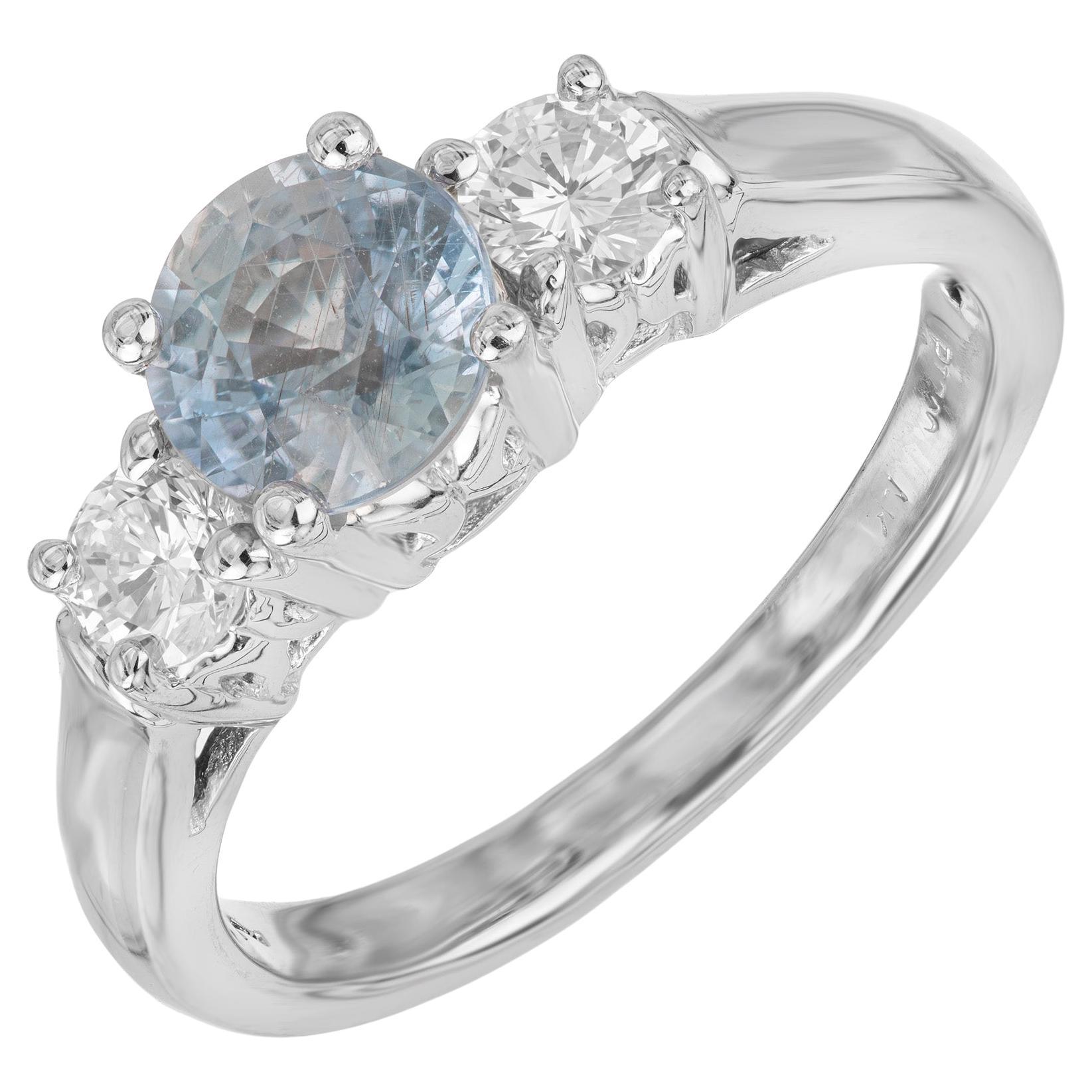 GIA 1.26 Blue Round Sapphire Diamond Platinum Three Stone Engagement Ring