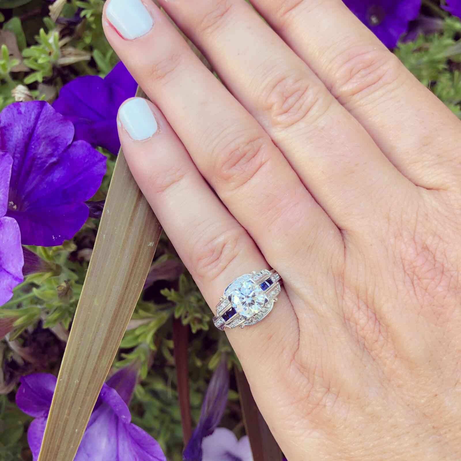 Art Deco GIA 1.26 carat G/VVS2 Diamond & Sapphire Engagement Ring For Sale