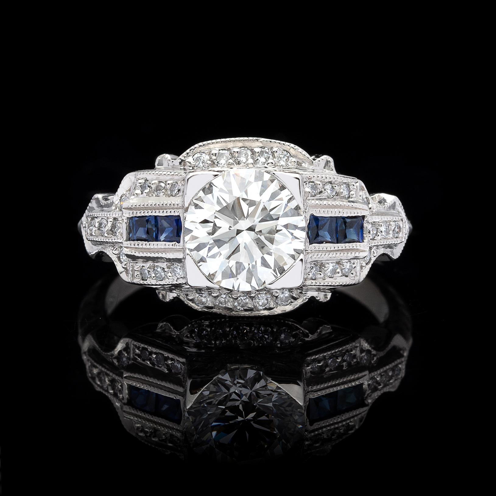 GIA Anillo de compromiso de diamantes y zafiros de 1,26 quilates G/VVS2 Art Decó en venta