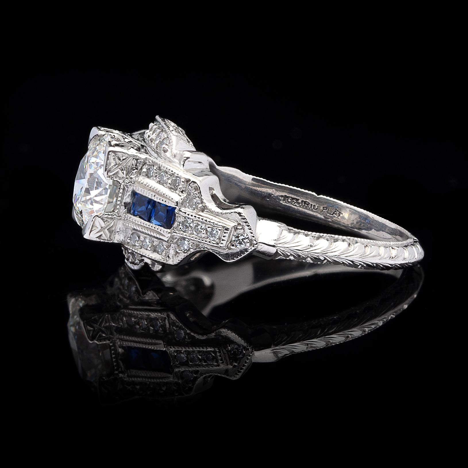 Round Cut GIA 1.26 carat G/VVS2 Diamond & Sapphire Engagement Ring For Sale