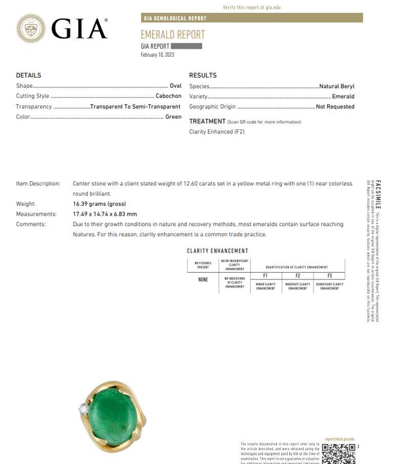 GIA Certified 12.60 Carat Oval Cabochon Emerald & Diamond Ring in 18k Yellow Gold 

Emerald and Diamond Ring features a 12.60 carat Natural Oval Cabochon Emerald accented with one Round Brilliant Diamond set in 18k Yellow Gold.

Total emerald weight