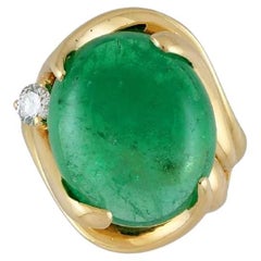 Retro GIA 12.60 Carat Oval Cabochon Emerald & Diamond Ring in 18k Yellow Gold