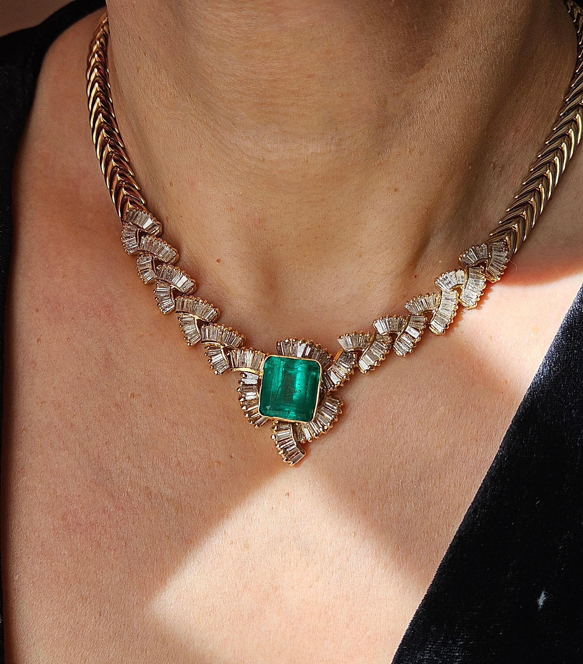 GIA 12,60ct kolumbianischen Smaragd 6,0ctw Diamant 14KGold Kragen Choker Halskette 1980 im Angebot 4