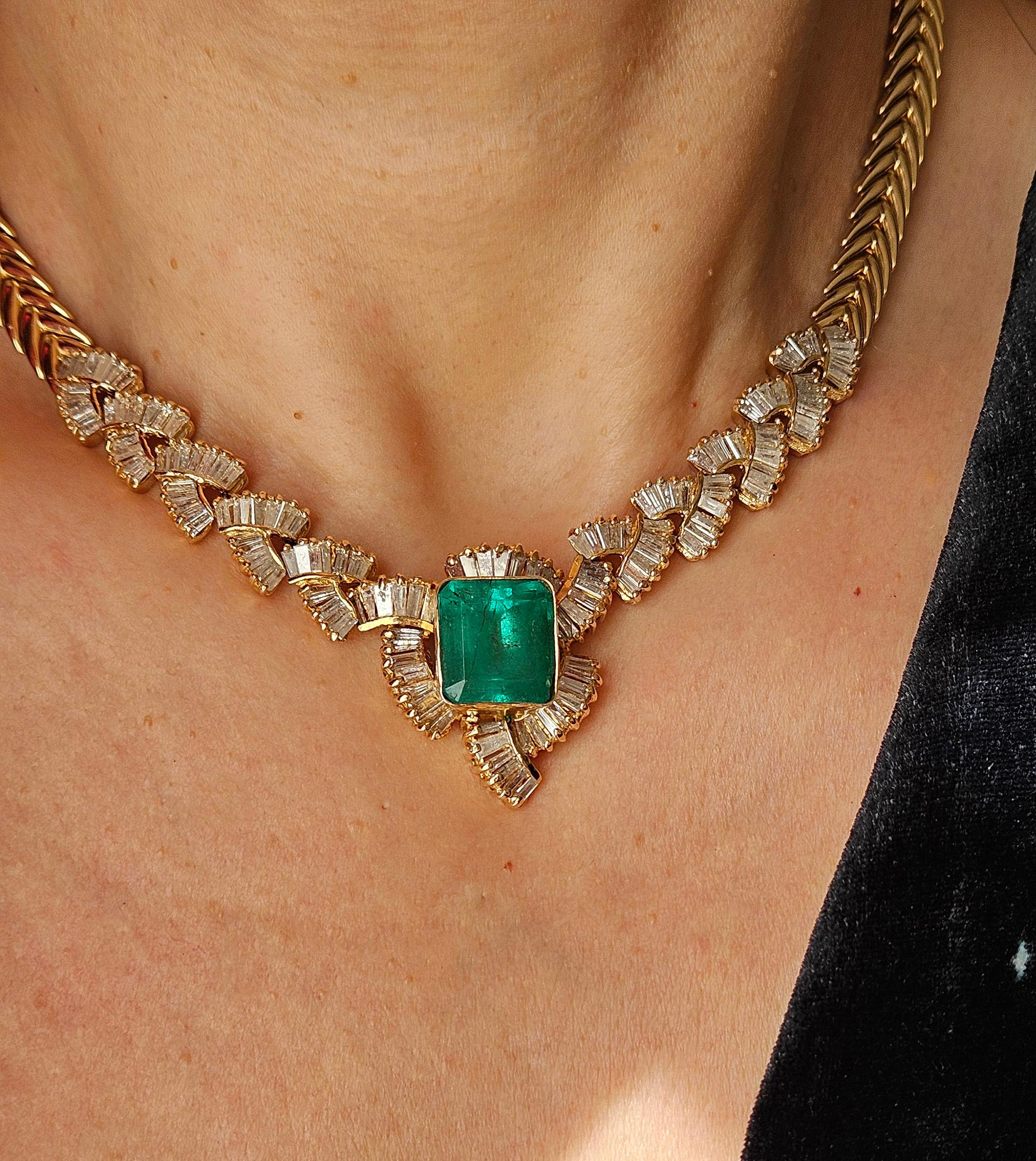 GIA 12,60ct kolumbianischen Smaragd 6,0ctw Diamant 14KGold Kragen Choker Halskette 1980 im Angebot 5