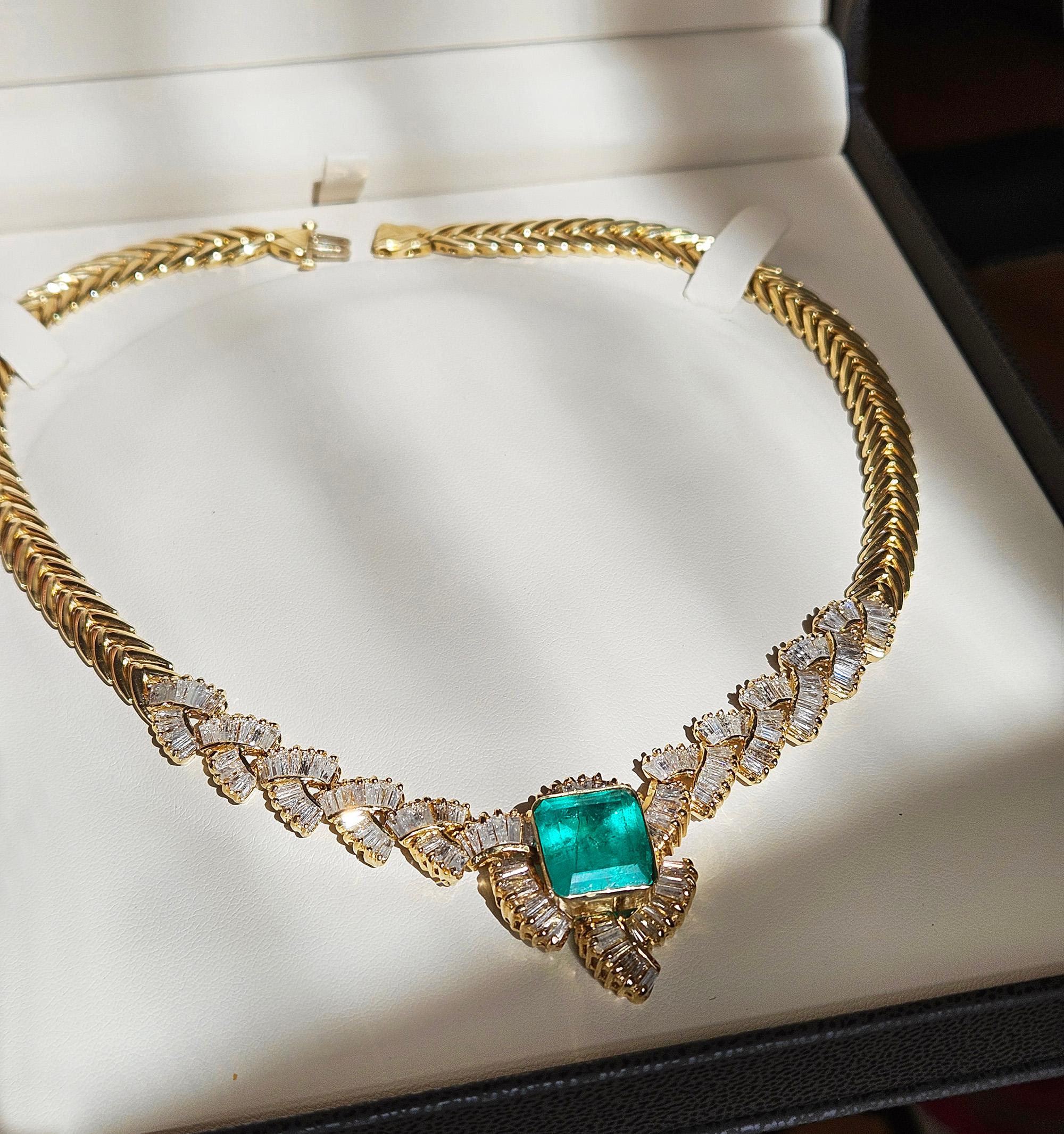 GIA 12,60ct kolumbianischen Smaragd 6,0ctw Diamant 14KGold Kragen Choker Halskette 1980 im Angebot 7