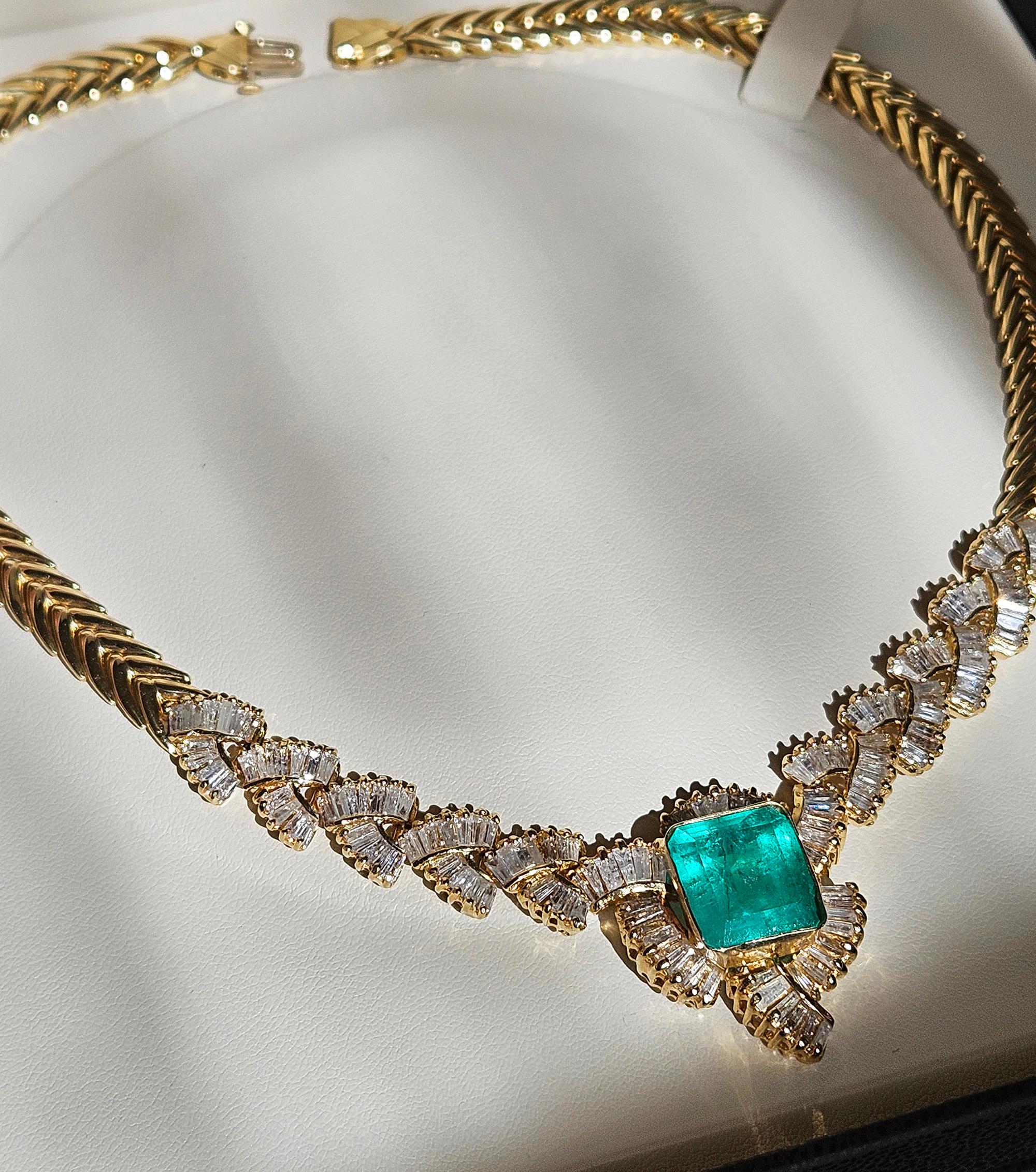 GIA 12,60ct kolumbianischen Smaragd 6,0ctw Diamant 14KGold Kragen Choker Halskette 1980 im Angebot 8