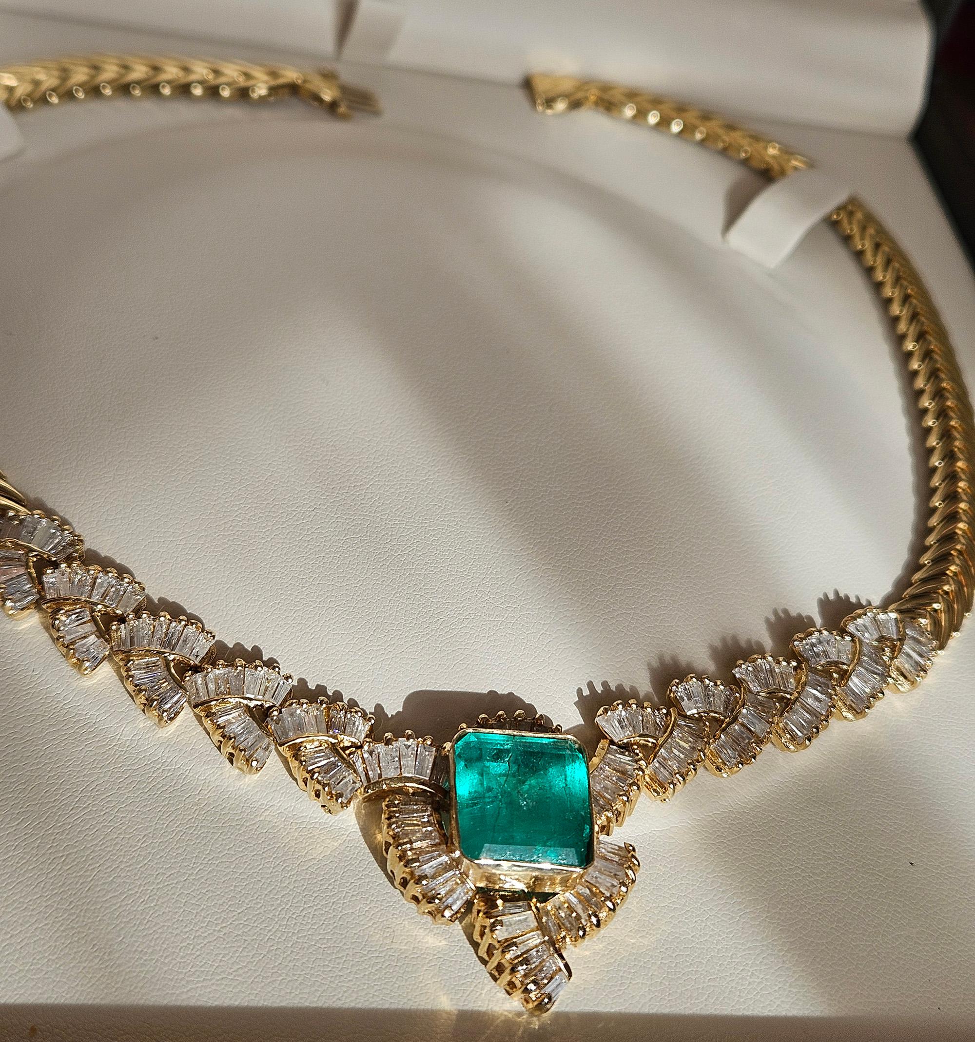 GIA 12,60ct kolumbianischen Smaragd 6,0ctw Diamant 14KGold Kragen Choker Halskette 1980 im Angebot 10