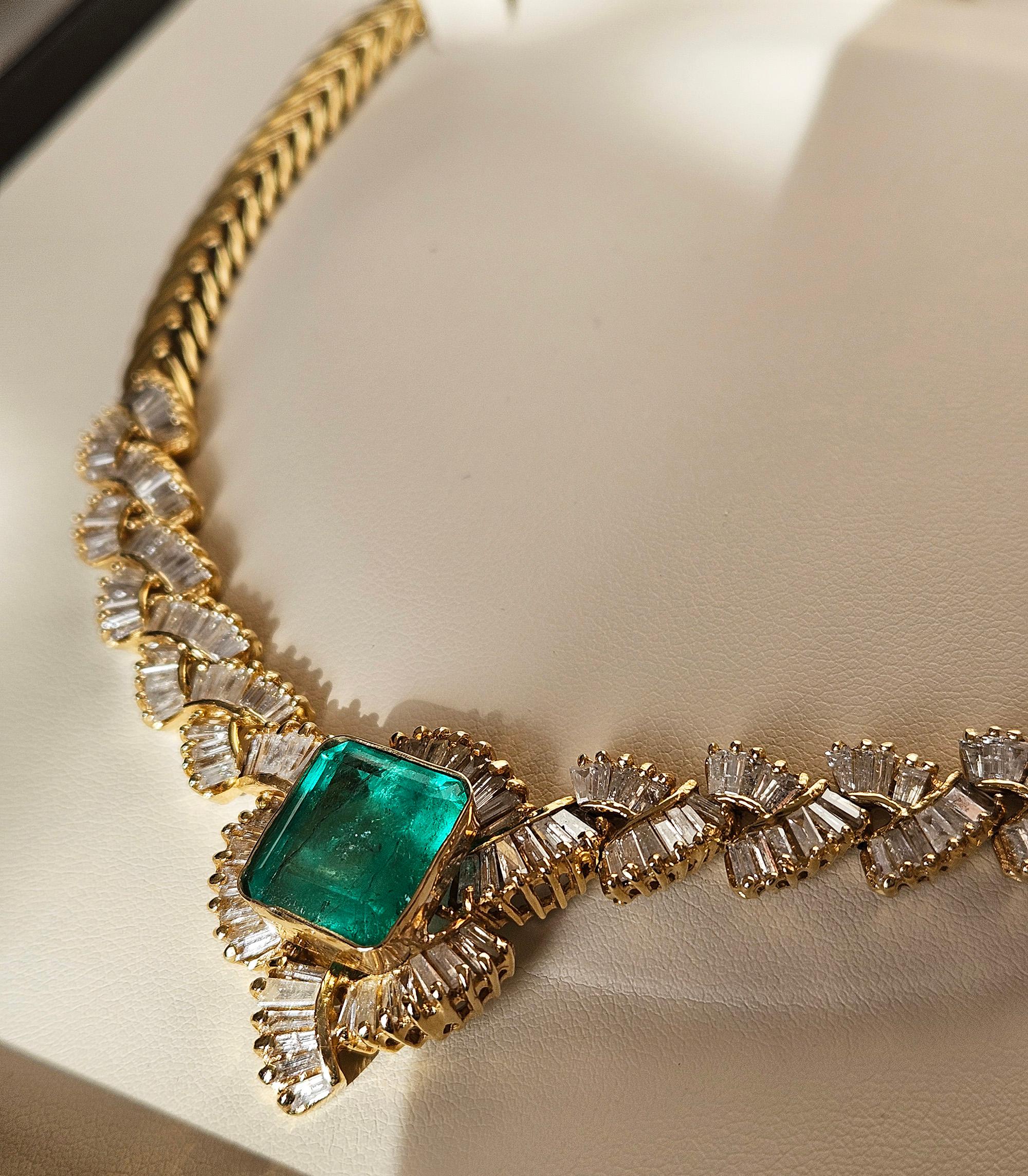 GIA 12,60ct kolumbianischen Smaragd 6,0ctw Diamant 14KGold Kragen Choker Halskette 1980 im Angebot 11