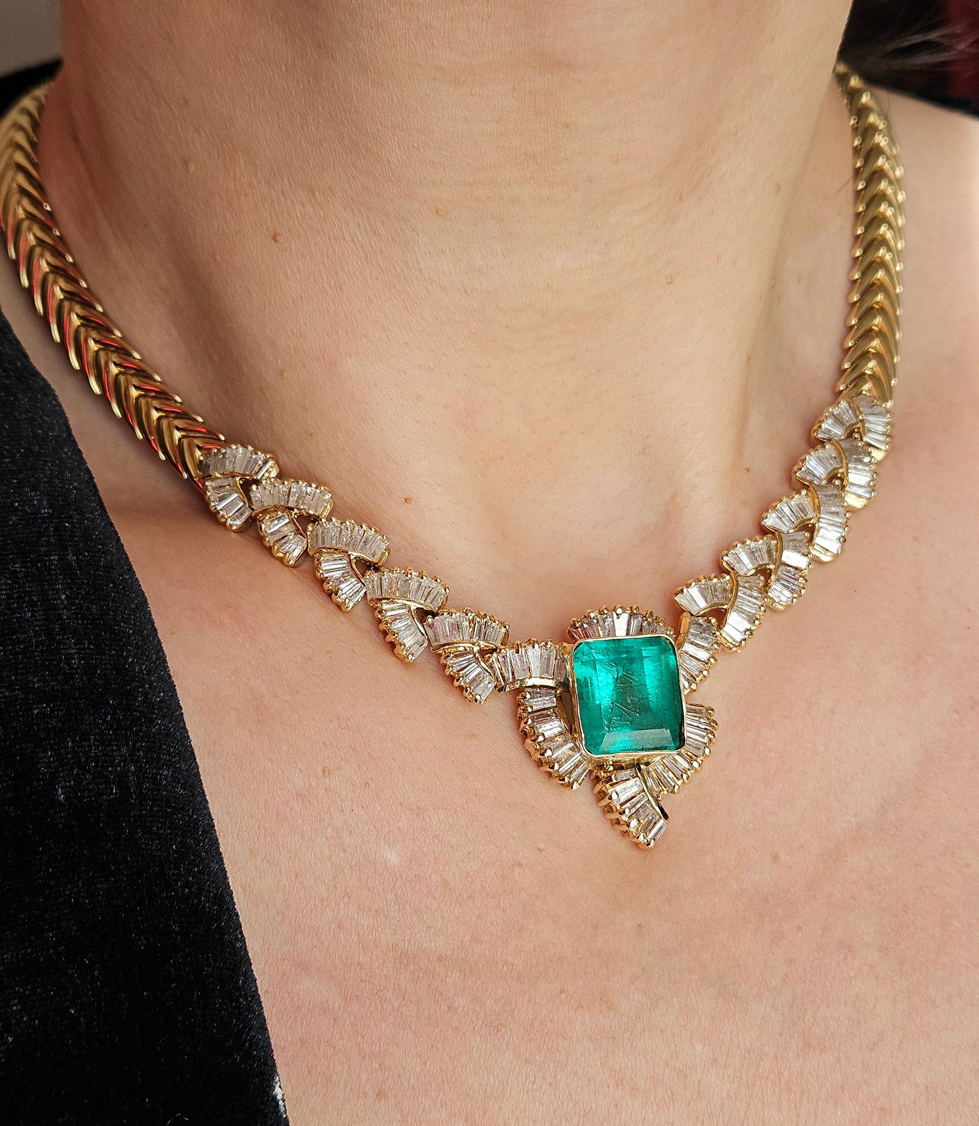 GIA 12,60ct kolumbianischen Smaragd 6,0ctw Diamant 14KGold Kragen Choker Halskette 1980 im Angebot 2