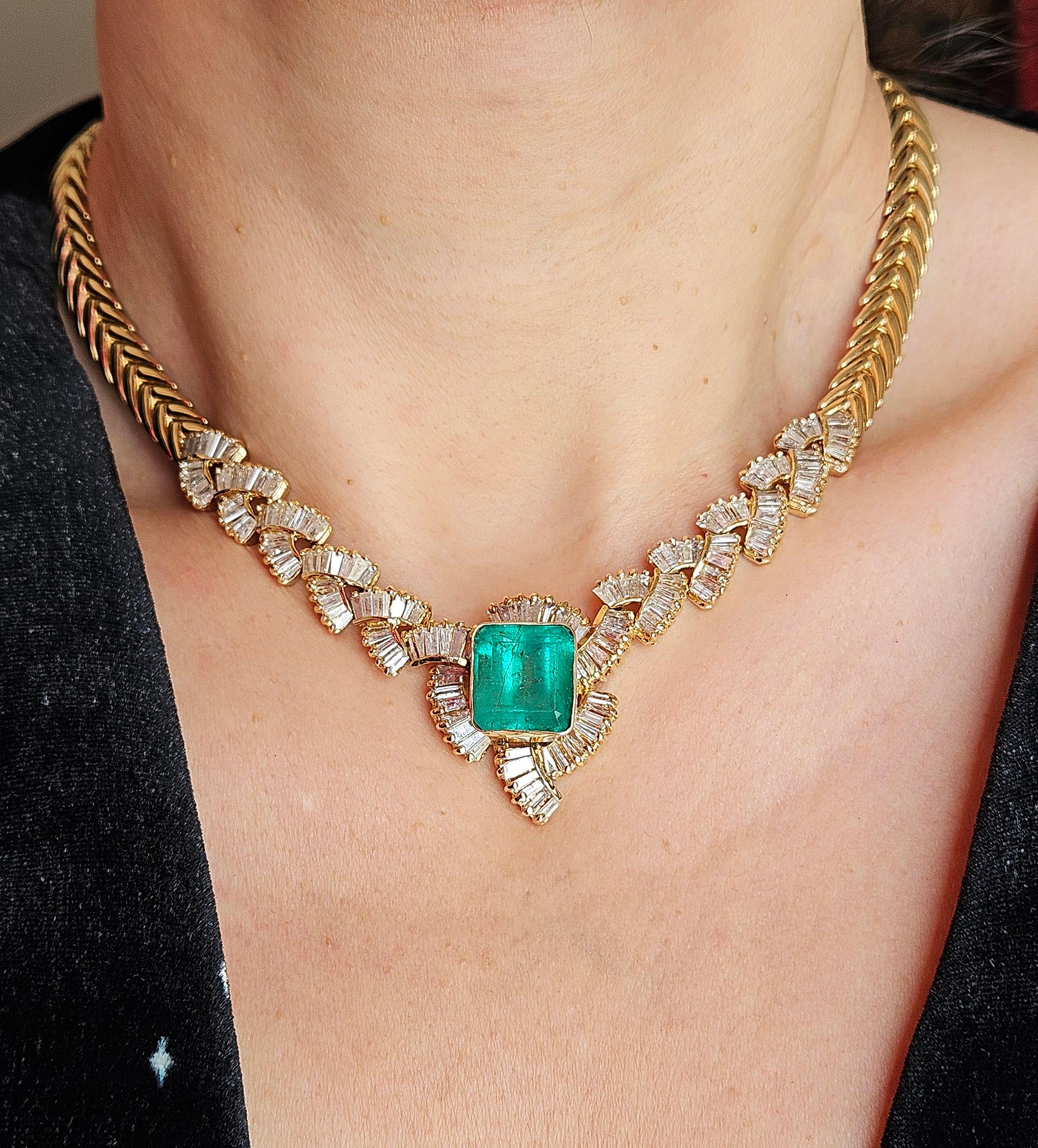 GIA 12,60ct kolumbianischen Smaragd 6,0ctw Diamant 14KGold Kragen Choker Halskette 1980 im Angebot 3