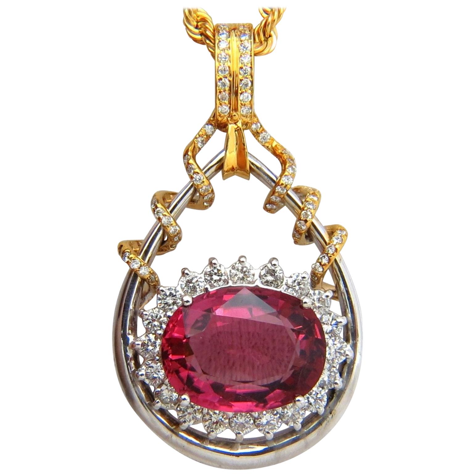 GIA 12.62 Carat Natural Rubellite Pink Tourmaline Diamonds Pendant 18 Karat Rare For Sale